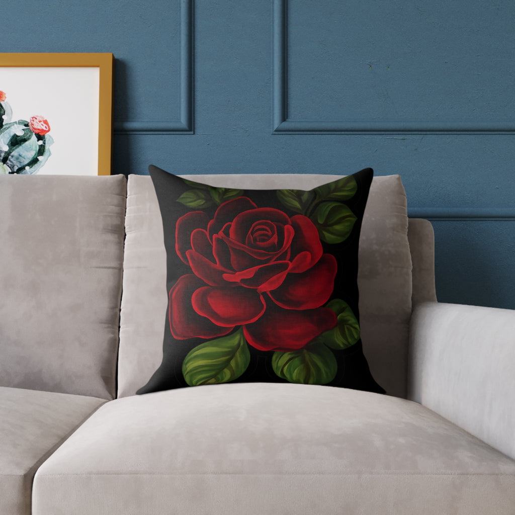 Red Rose Floral Throw Pillow — Square Canvas Decorative Pillow