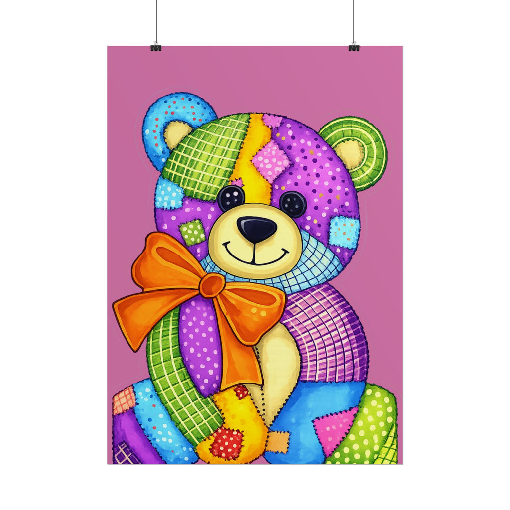 Colorful Patchwork Teddy Bear Poster — Cute Nursery Wall Art