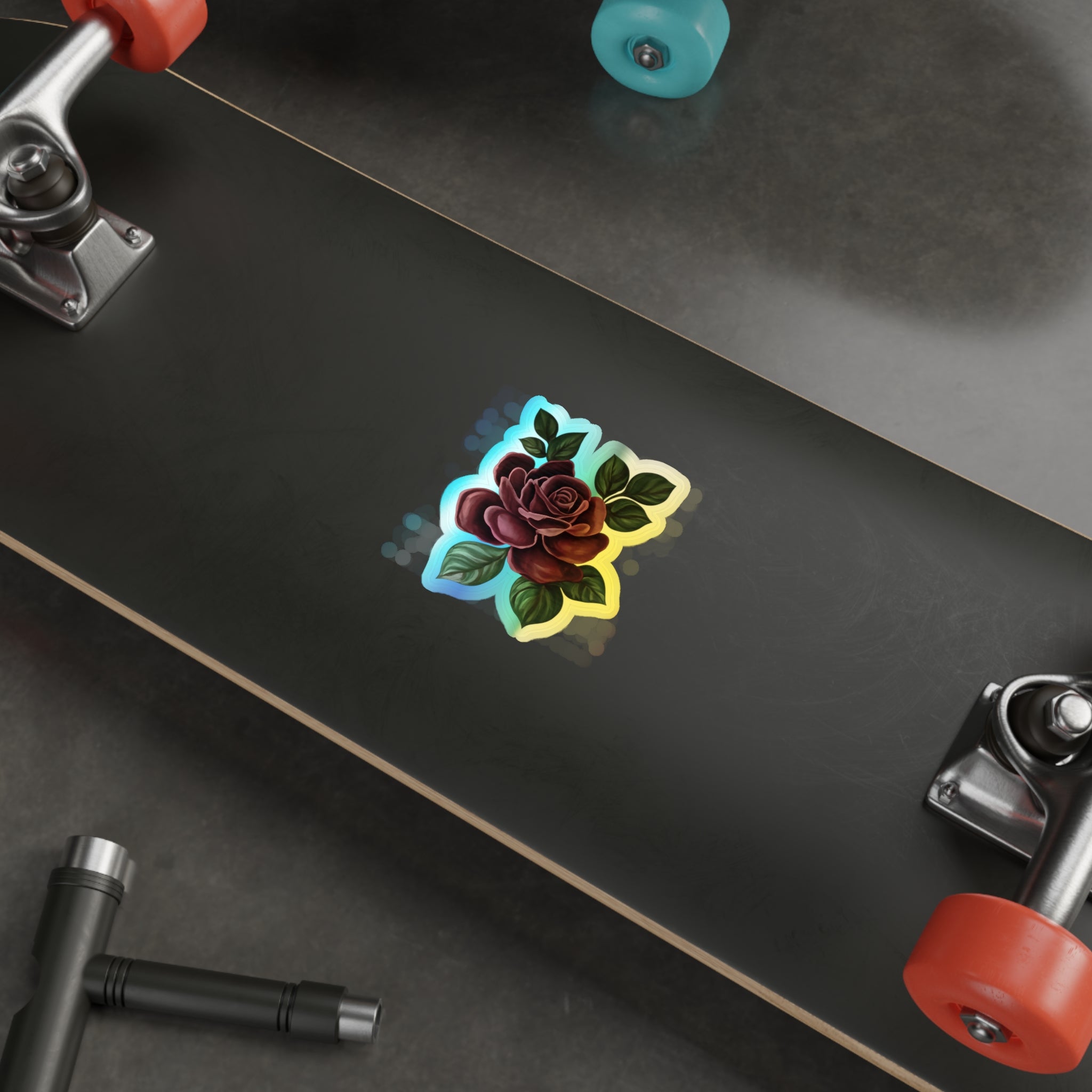 Holographic Rose Die-Cut Sticker — Iridescent Floral Skateboard Decal