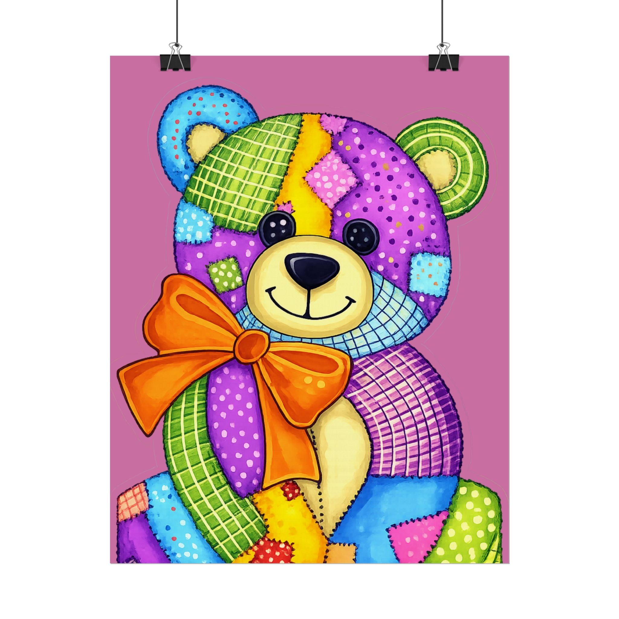 Colorful Patchwork Teddy Bear Poster — Cute Nursery Wall Art