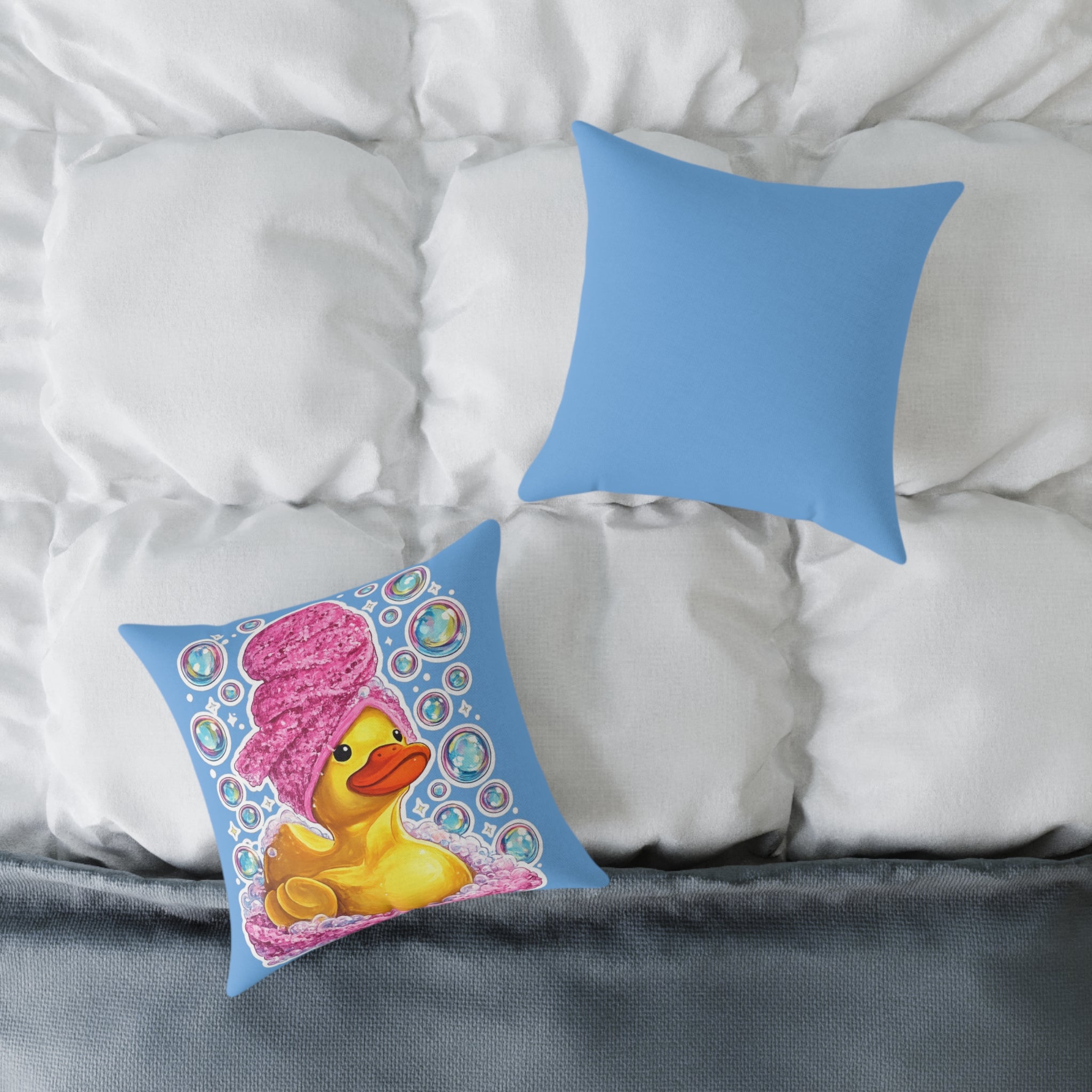 Rubber Duck Spa Pillow — Cute Bath Time Throw Pillow with Pink Towel & Bubbles