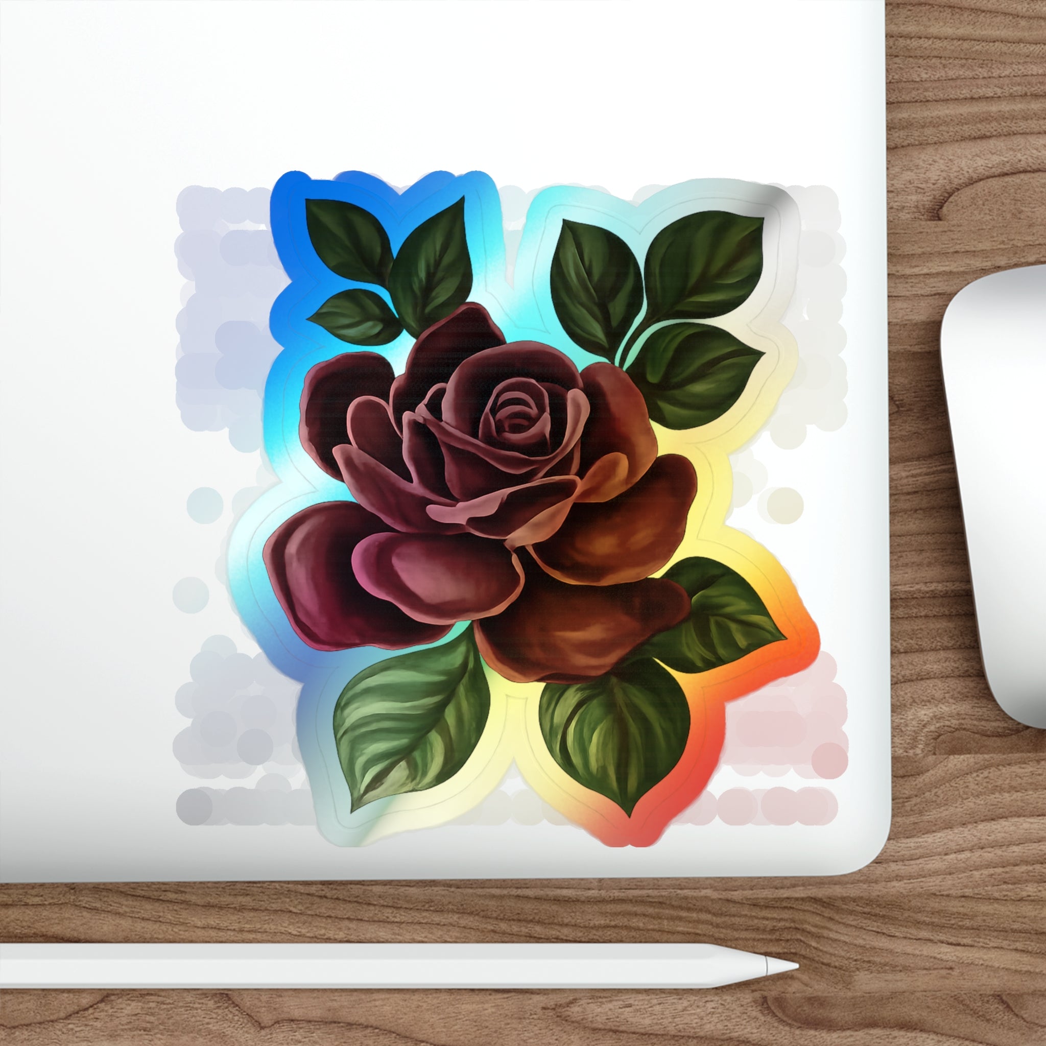 Holographic Rose Die-Cut Sticker — Iridescent Floral Skateboard Decal