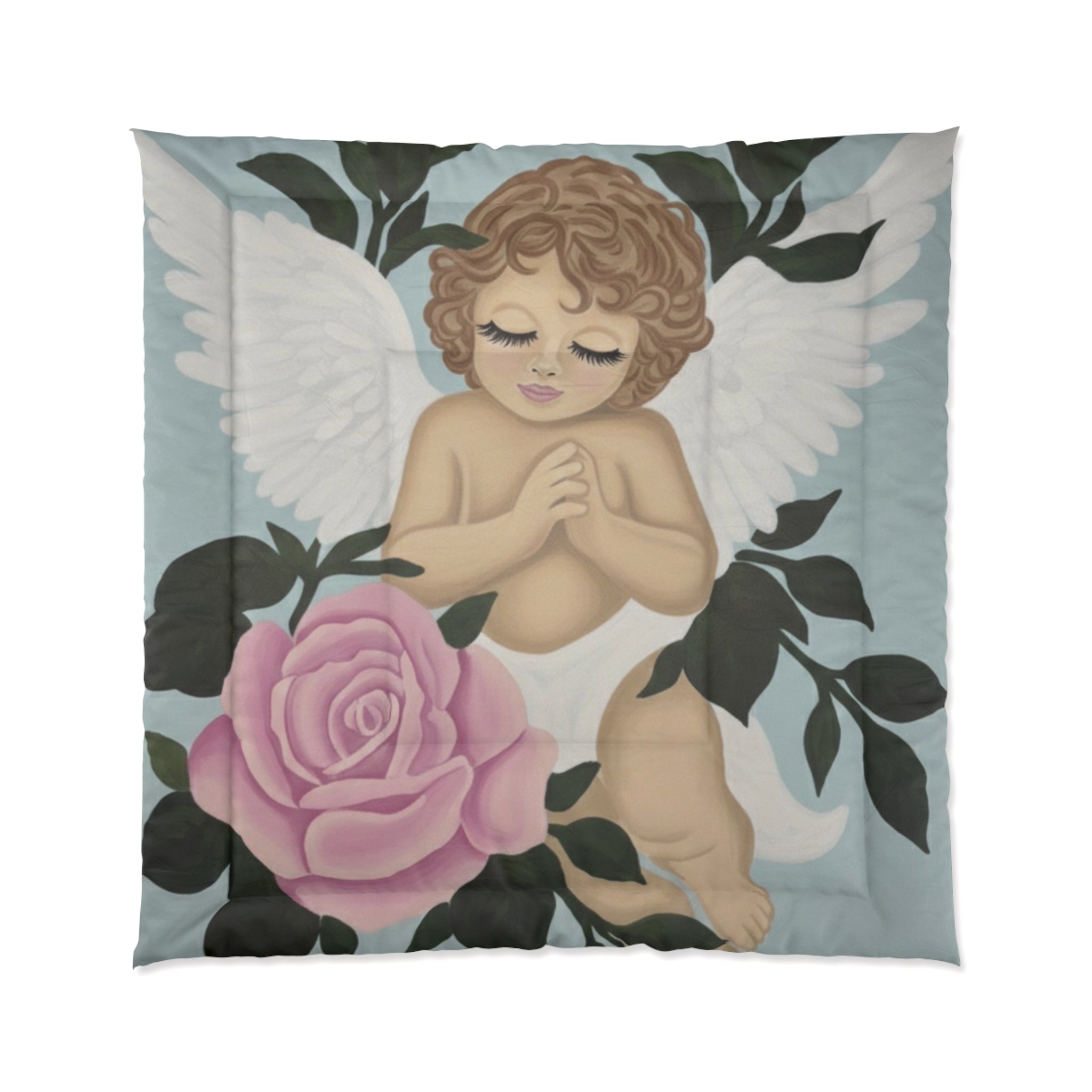 Angel Cherub Comforter with Pink Rose – Vintage Nursery Bedding, Prayerful Cherub Design