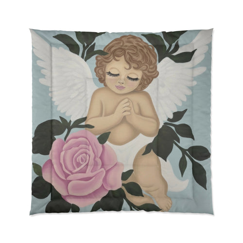 Angel Cherub Comforter with Pink Rose – Vintage Nursery Bedding, Prayerful Cherub Design