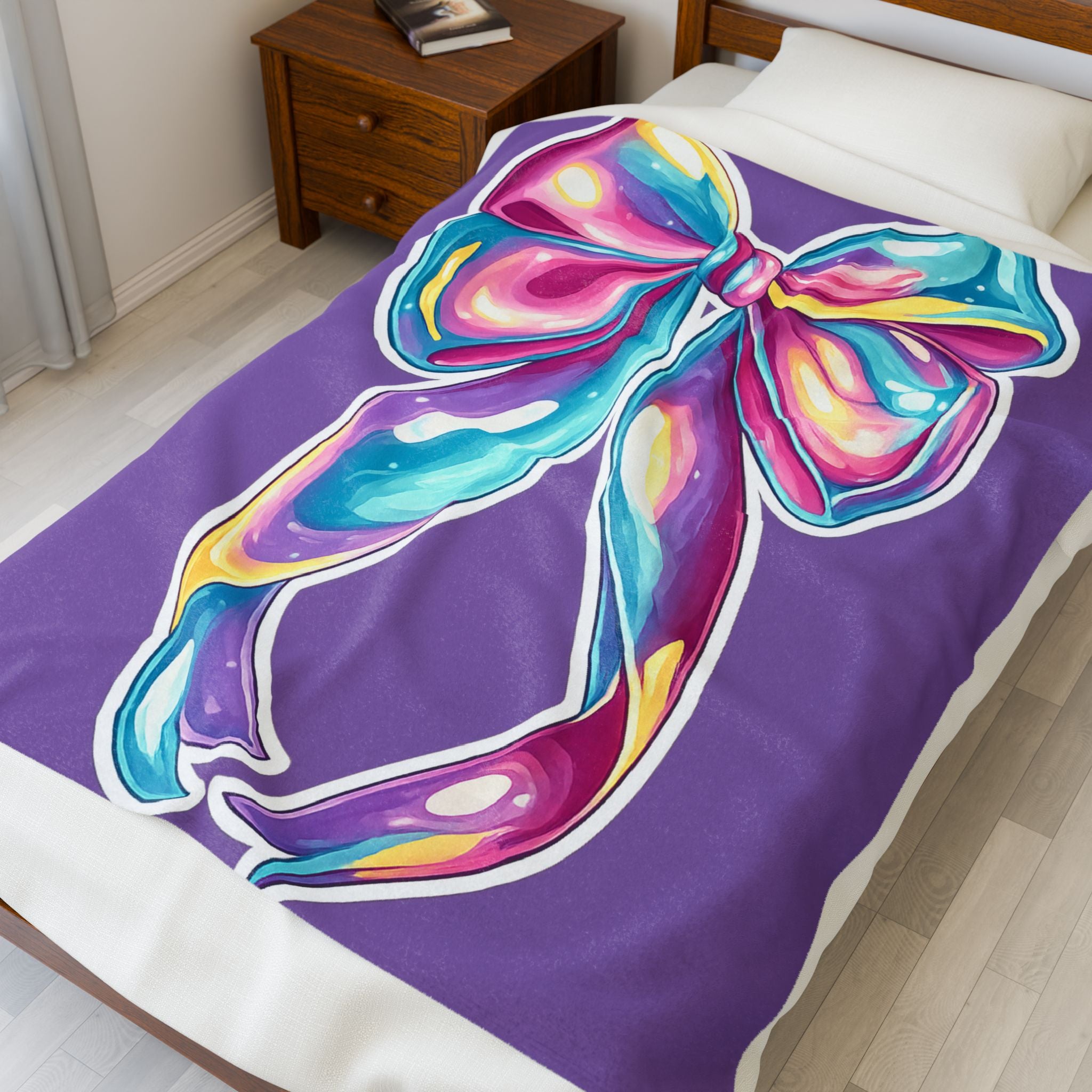 Colorful Bow Velveteen Plush Blanket — Soft Purple Gift Throw