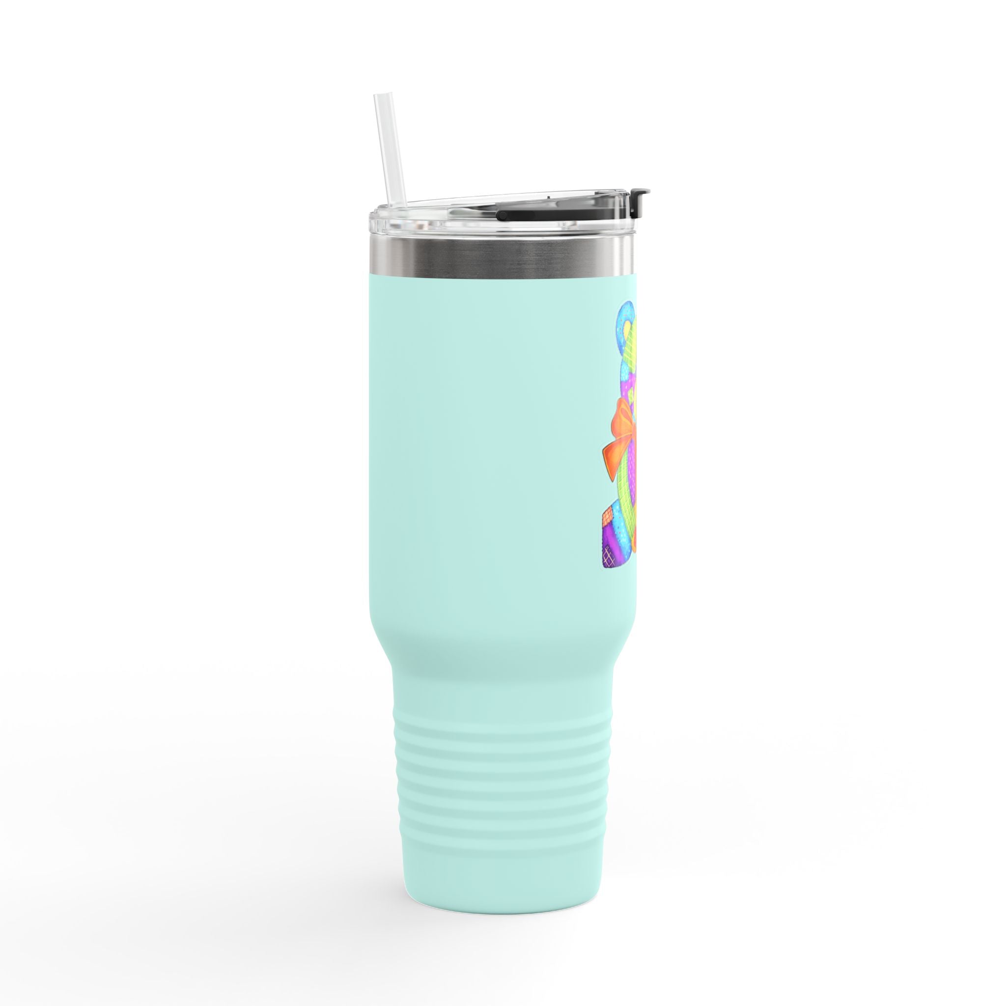 40oz Insulated Travel Mug — Colorful Patchwork Teddy Bear Design