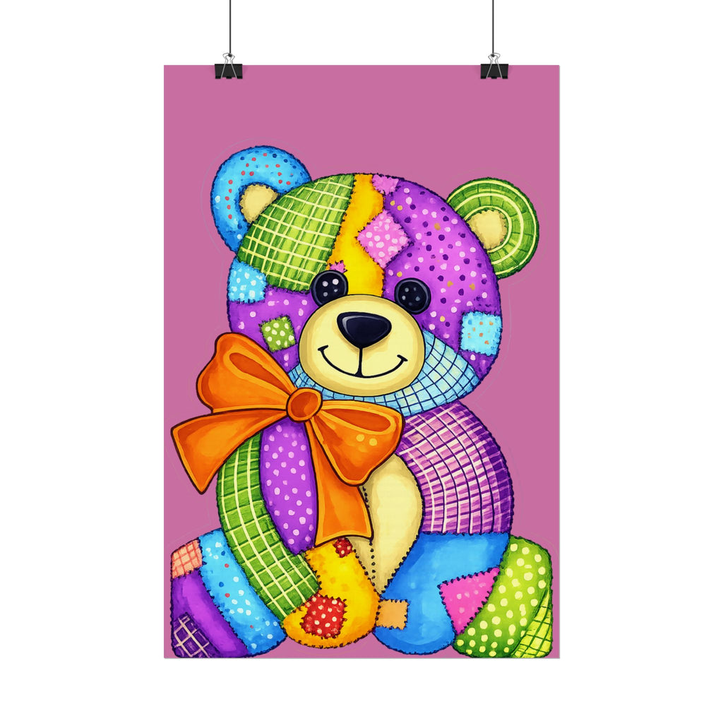 Colorful Patchwork Teddy Bear Poster — Cute Nursery Wall Art