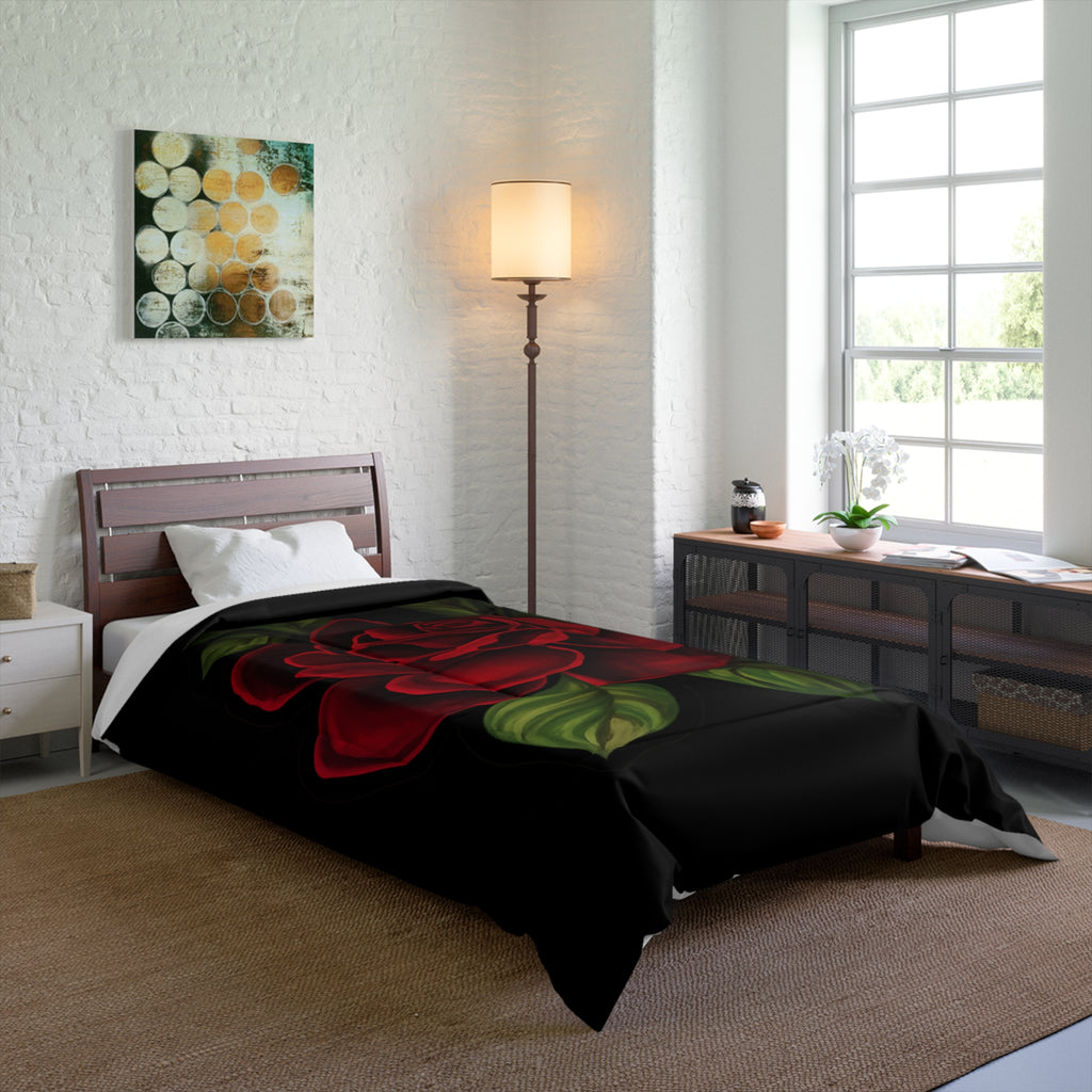 Red Rose Comforter – Bold Floral Bedding, Black & Scarlet Bedroom Decor