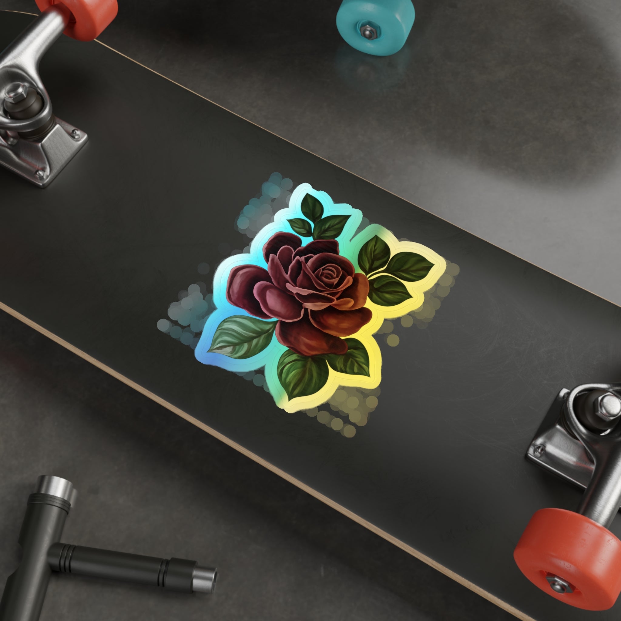 Holographic Rose Die-Cut Sticker — Iridescent Floral Skateboard Decal