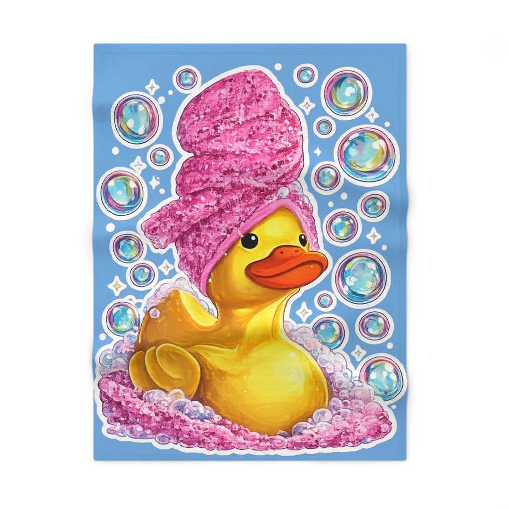 Rubber Duck Bath Time Baby Blanket — Plush Fleece with Bubbles & Pink Towel Design