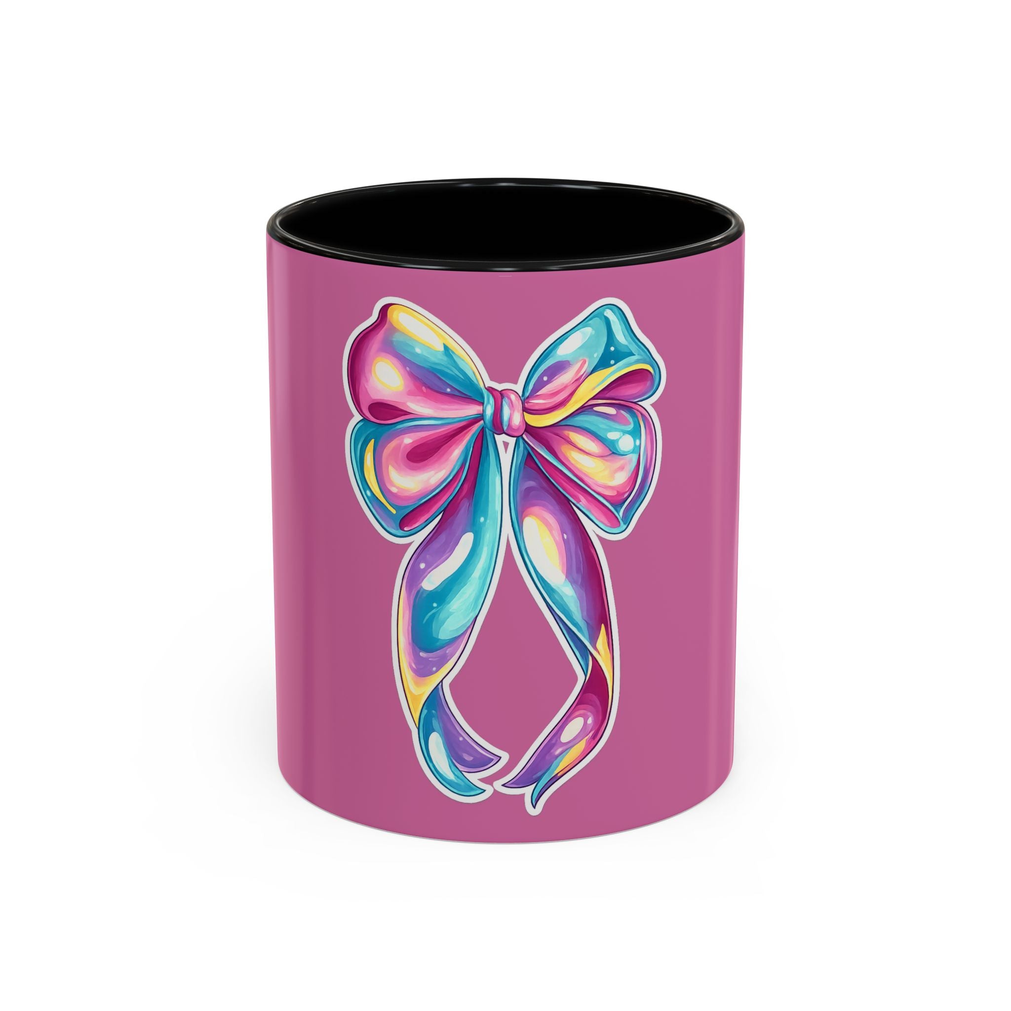 Pink Accent Coffee Mug with Rainbow Bow – Cute Gift Mug for Her