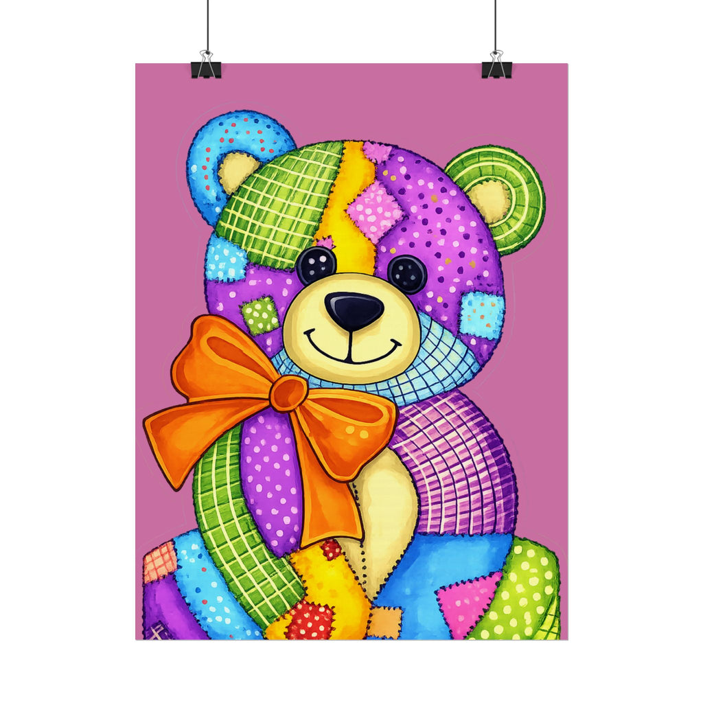 Colorful Patchwork Teddy Bear Poster — Cute Nursery Wall Art