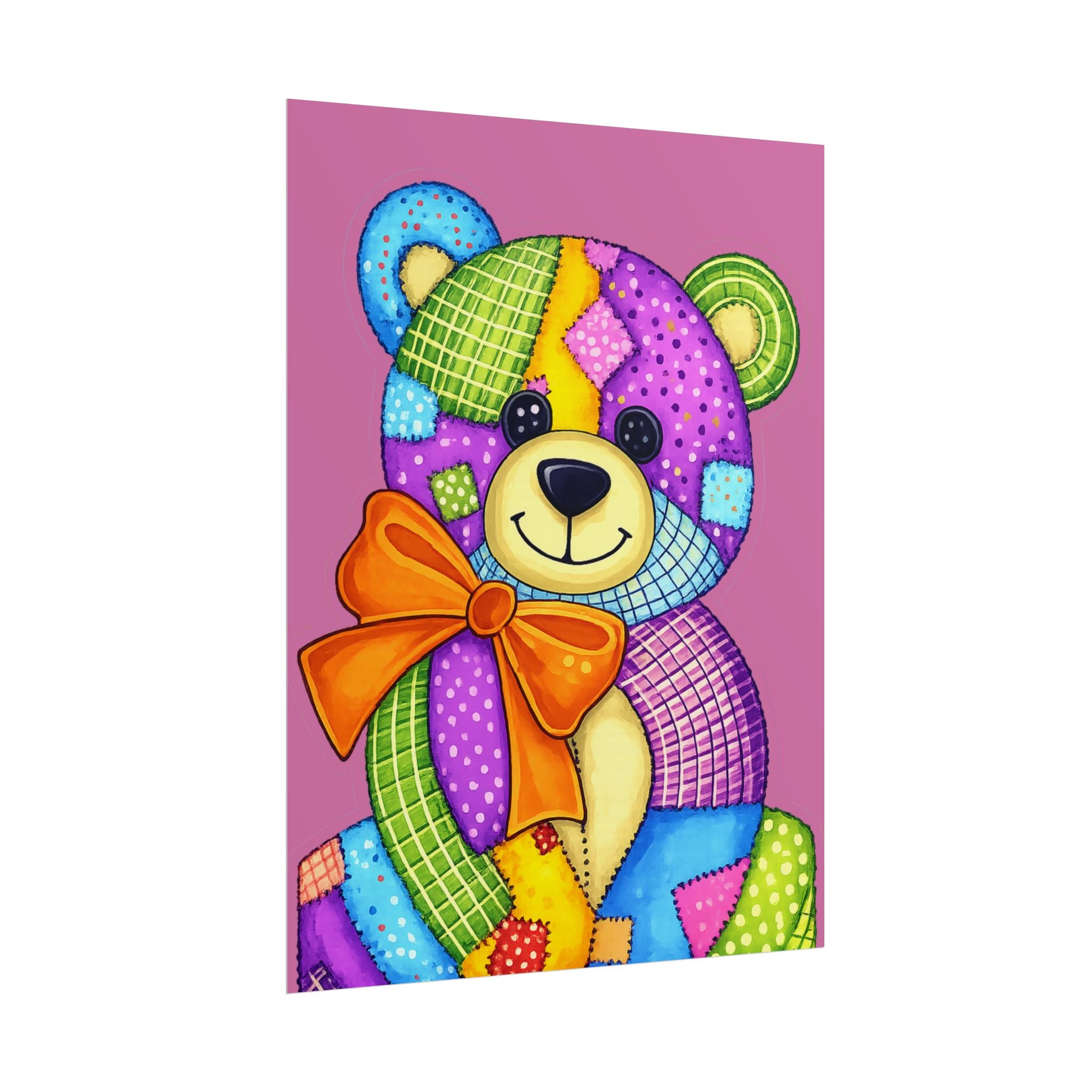 Colorful Patchwork Teddy Bear Poster — Cute Nursery Wall Art