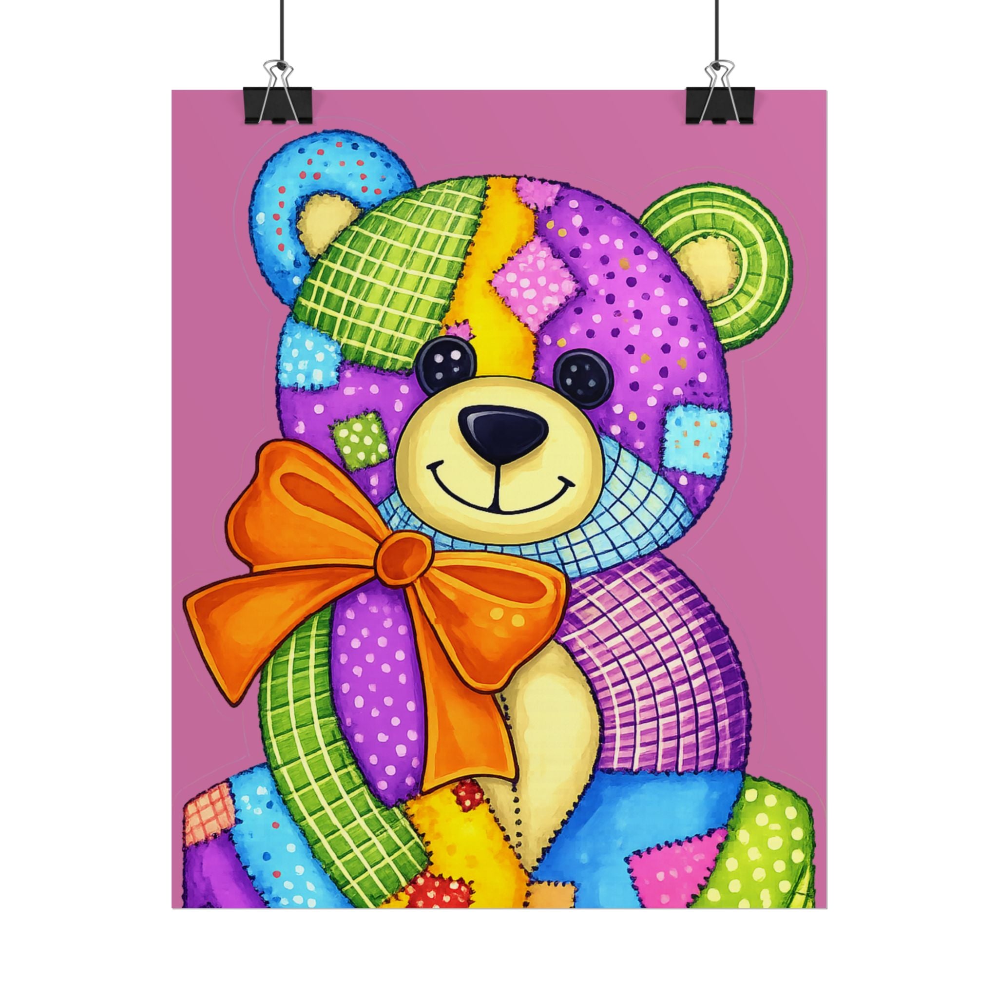 Colorful Patchwork Teddy Bear Poster — Cute Nursery Wall Art