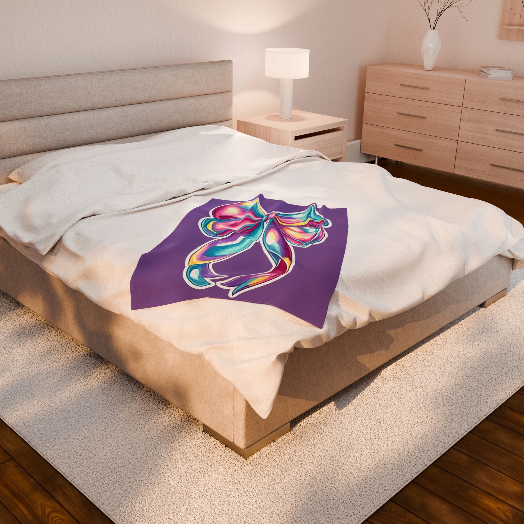 Colorful Bow Velveteen Plush Blanket — Soft Purple Gift Throw