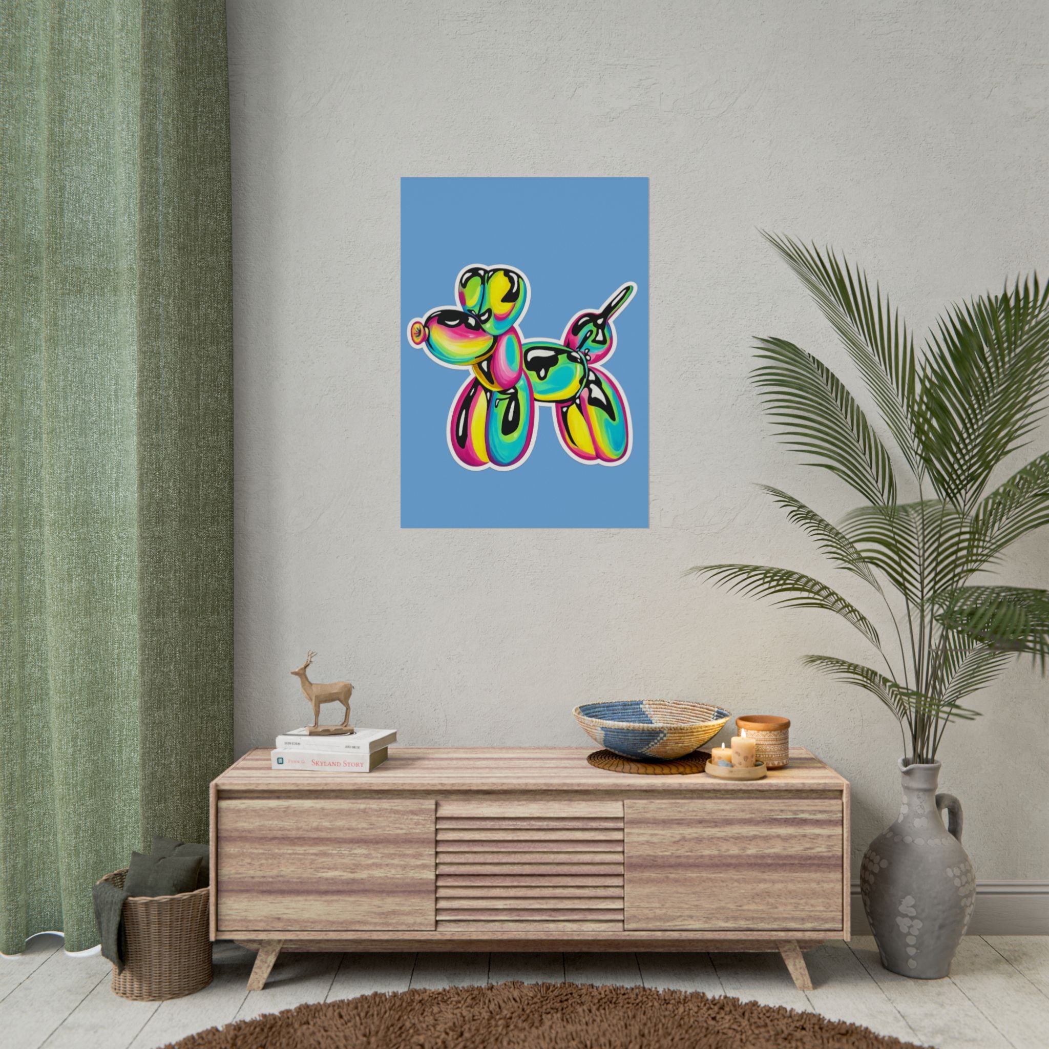 Balloon Dog Poster — Neon Art Print on Blue Background