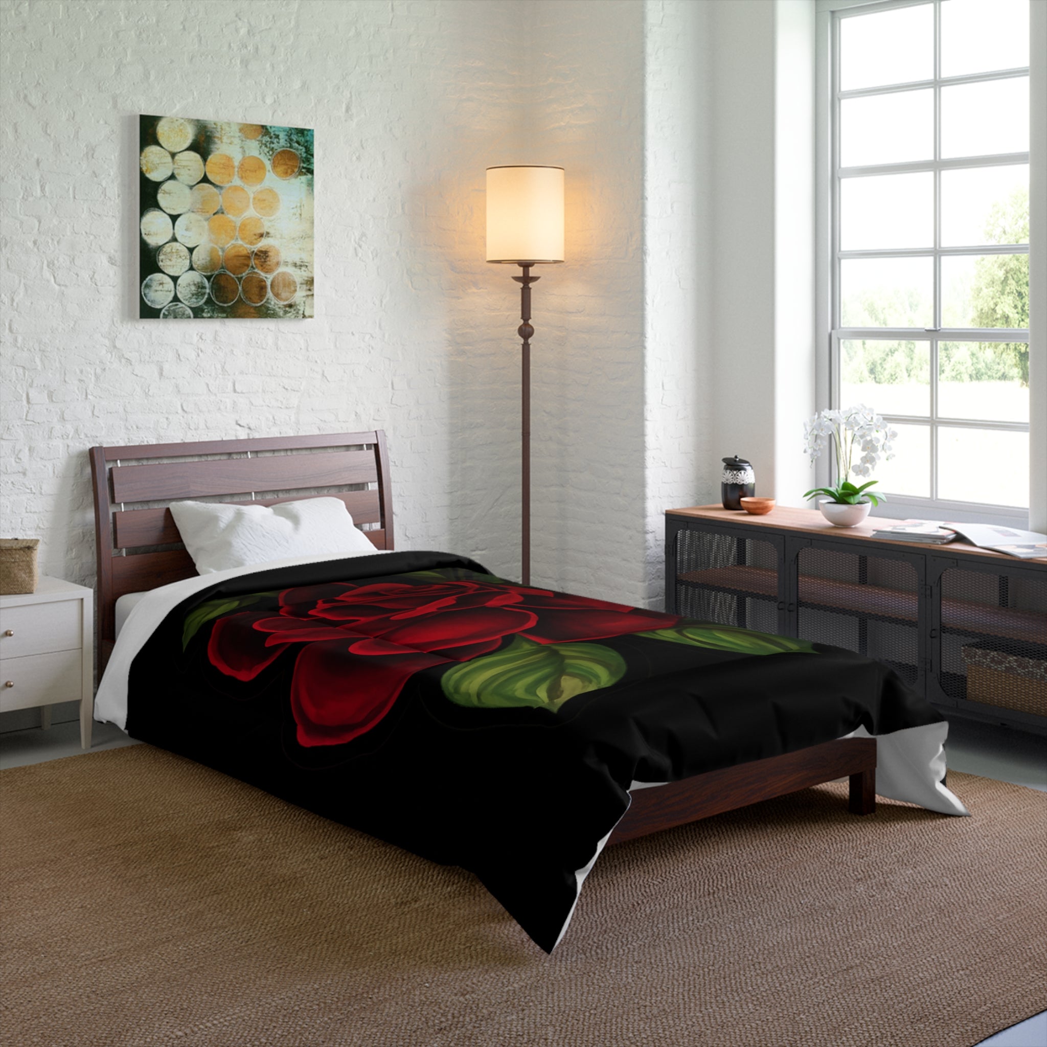 Red Rose Comforter – Bold Floral Bedding, Black & Scarlet Bedroom Decor