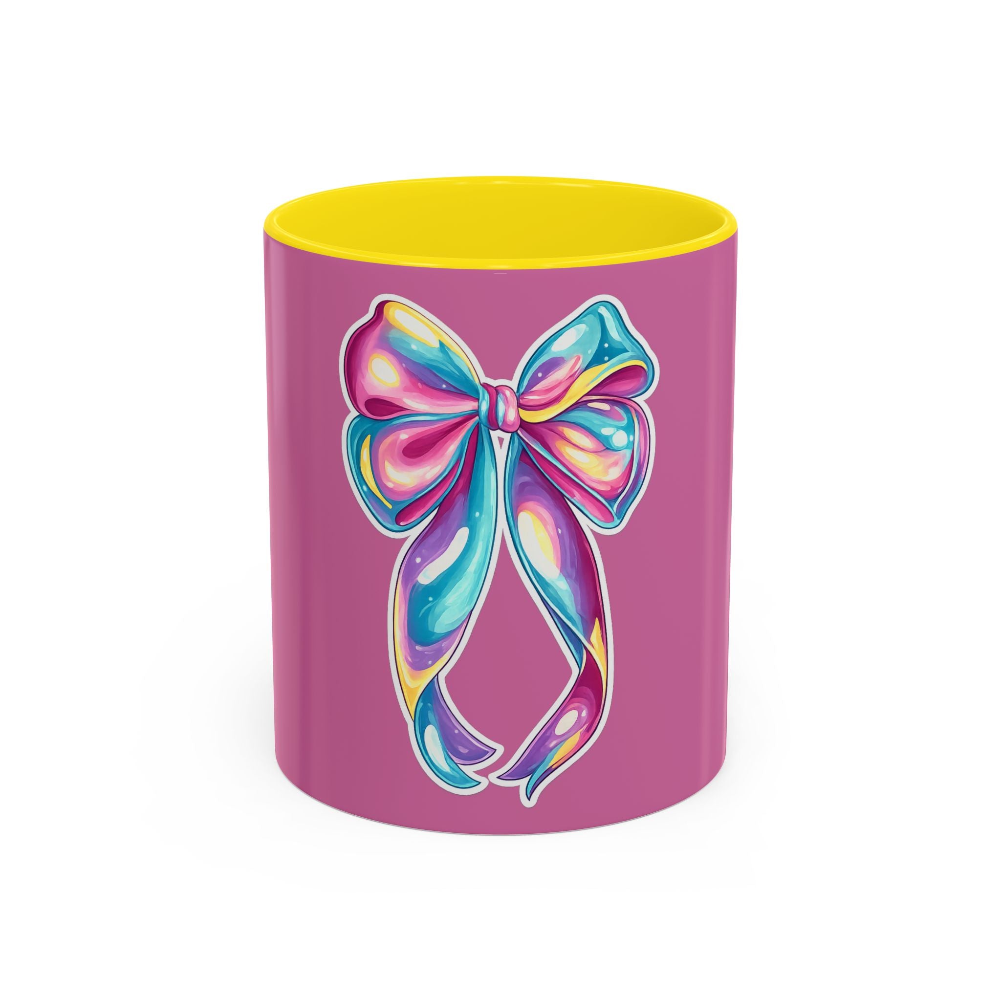 Pink Accent Coffee Mug with Rainbow Bow – Cute Gift Mug for Her