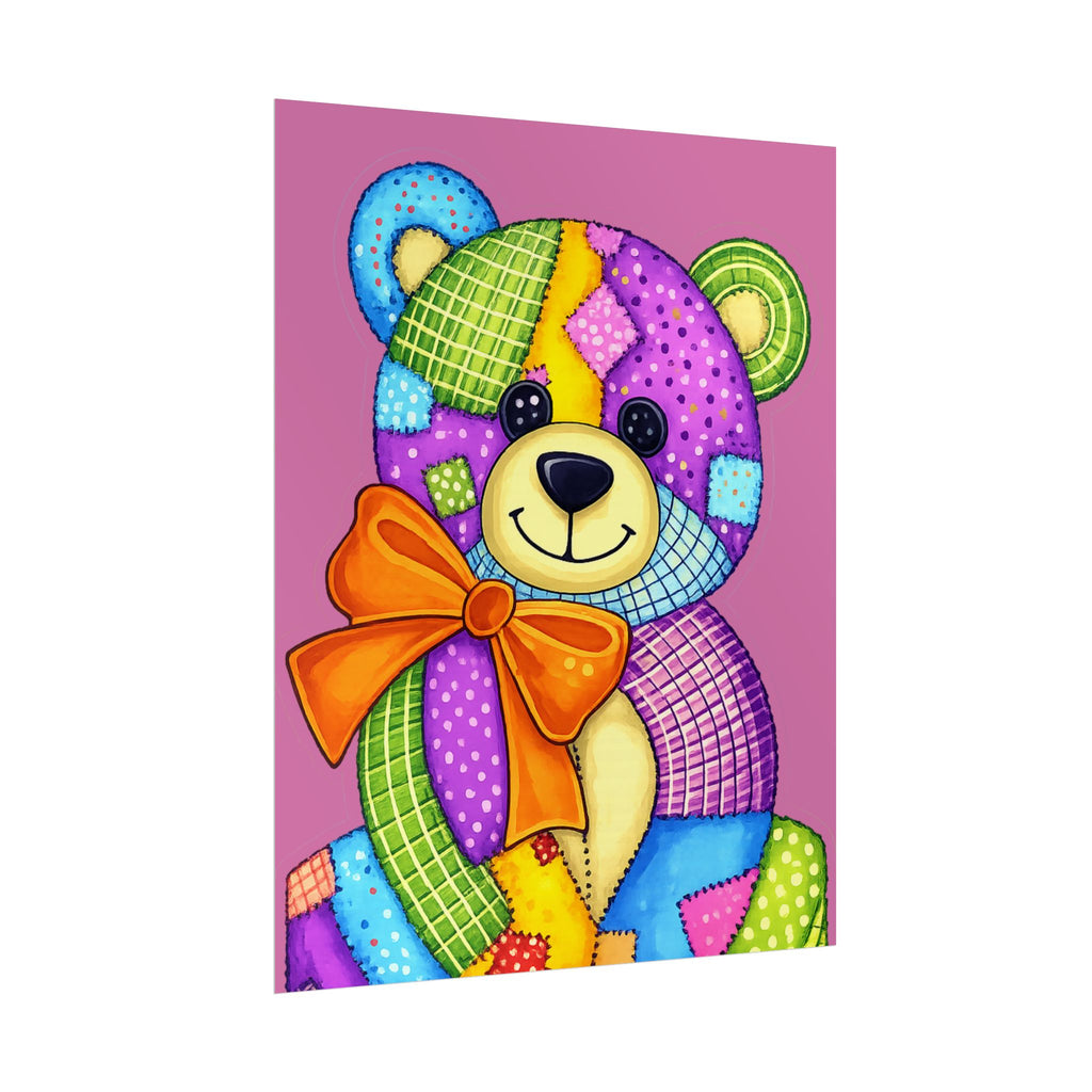 Colorful Patchwork Teddy Bear Poster — Cute Nursery Wall Art