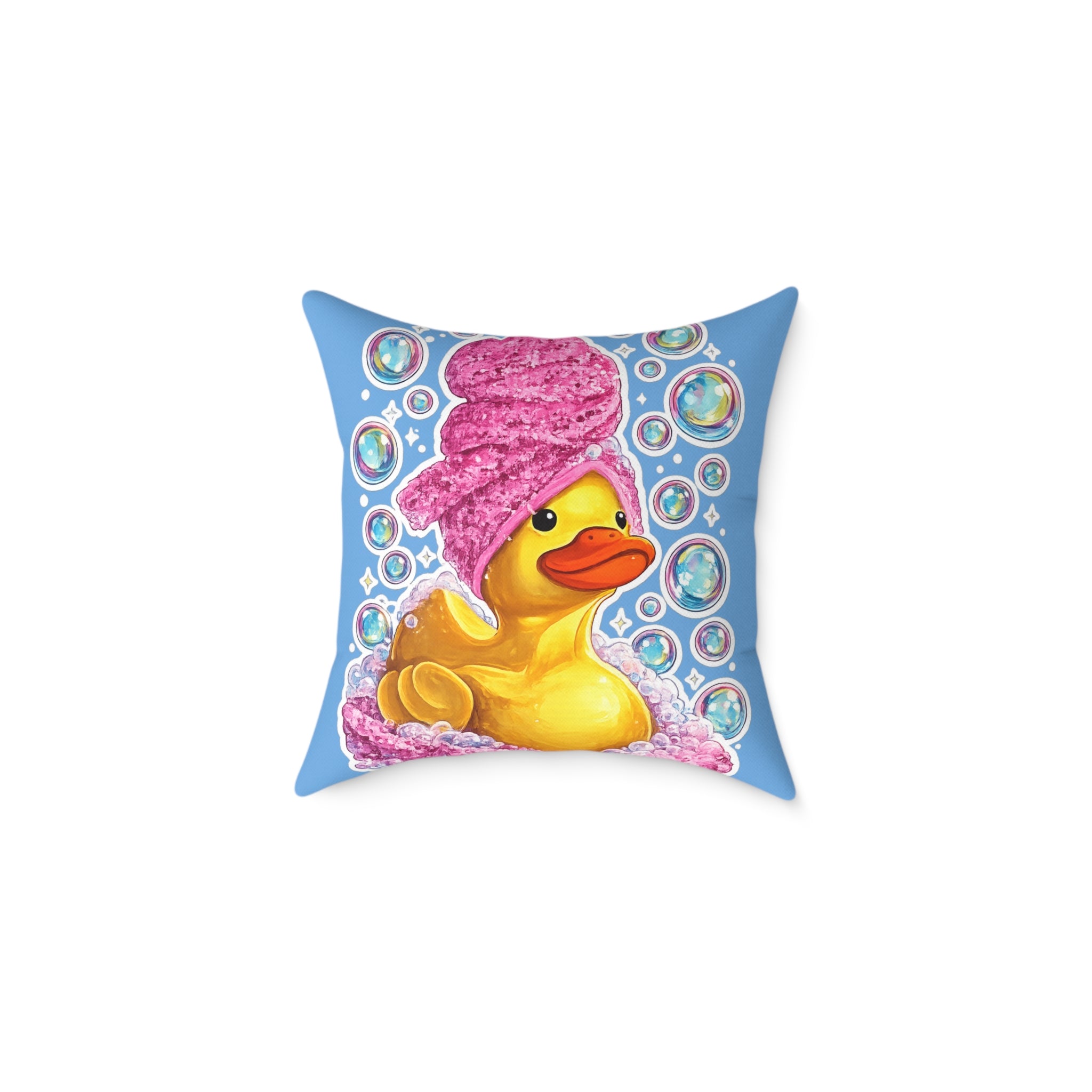 Rubber Duck Spa Pillow — Cute Bath Time Throw Pillow with Pink Towel & Bubbles