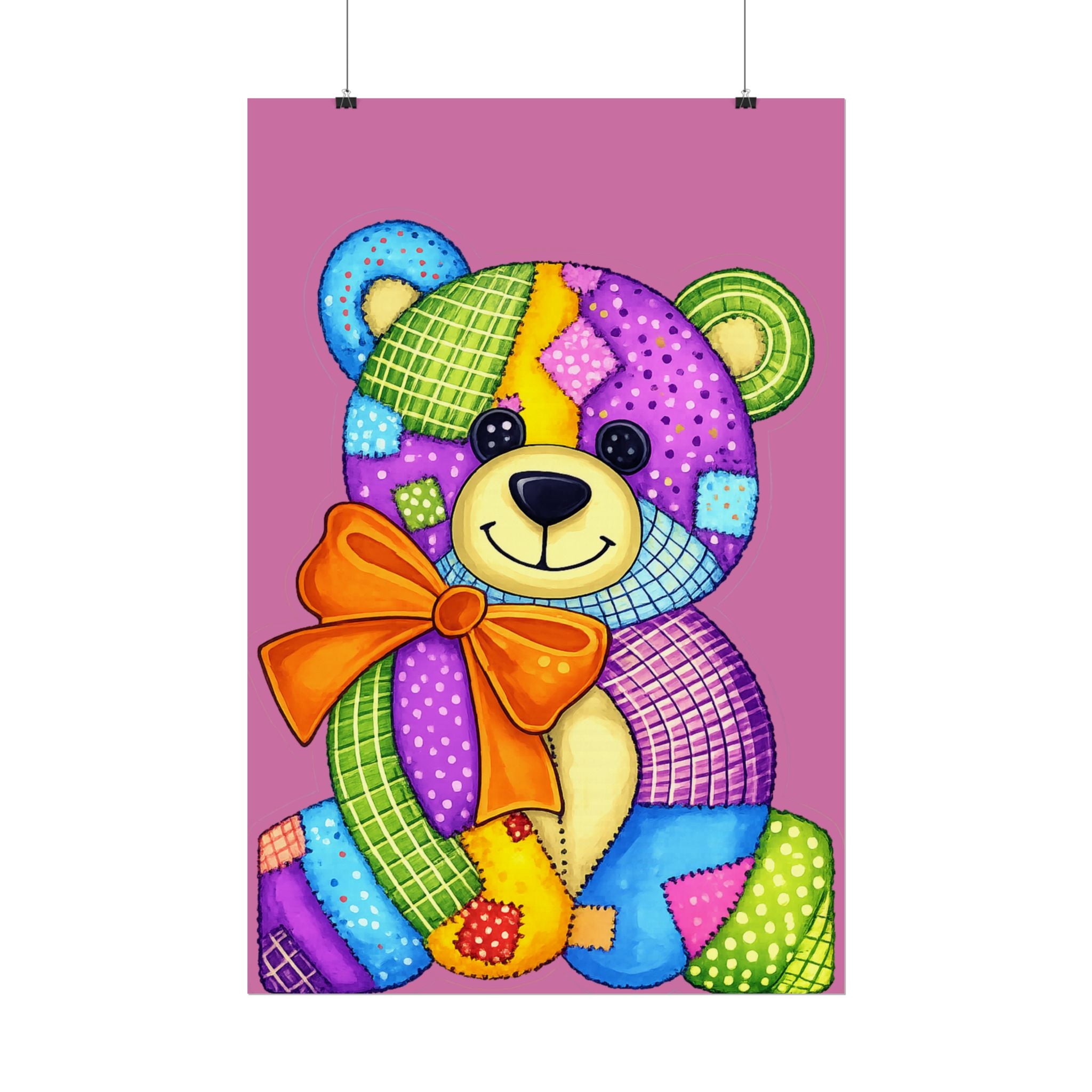 Colorful Patchwork Teddy Bear Poster — Cute Nursery Wall Art