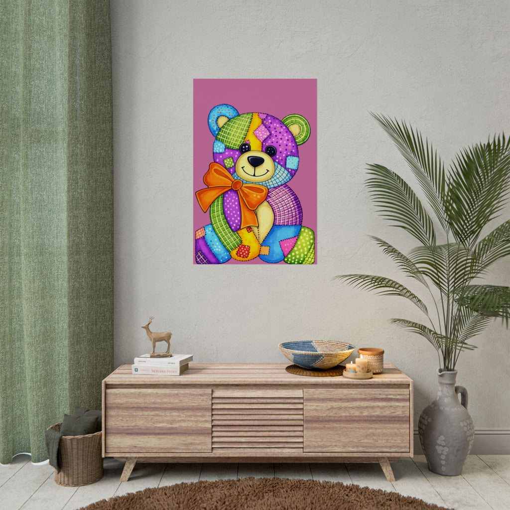 Colorful Patchwork Teddy Bear Poster — Cute Nursery Wall Art