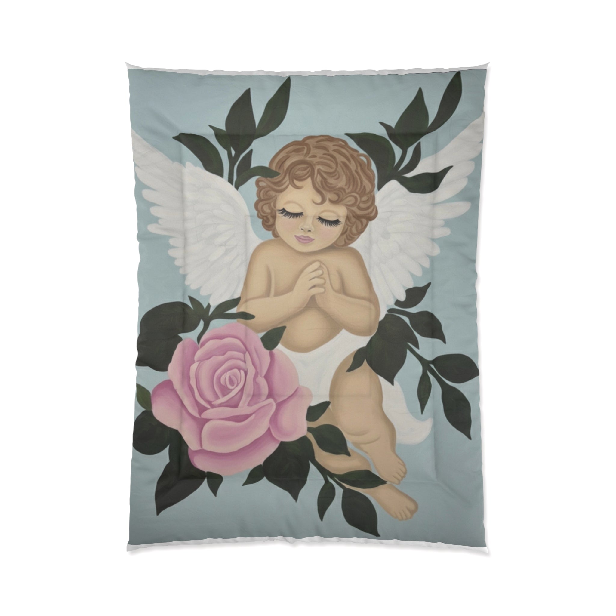 Angel Cherub Comforter with Pink Rose – Vintage Nursery Bedding, Prayerful Cherub Design