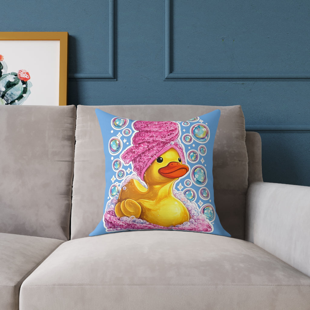 Rubber Duck Spa Pillow — Cute Bath Time Throw Pillow with Pink Towel & Bubbles