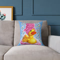 Rubber Duck Spa Pillow — Cute Bath Time Throw Pillow with Pink Towel & Bubbles