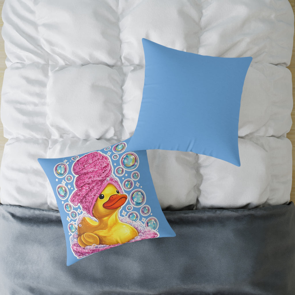 Rubber Duck Spa Pillow — Cute Bath Time Throw Pillow with Pink Towel & Bubbles