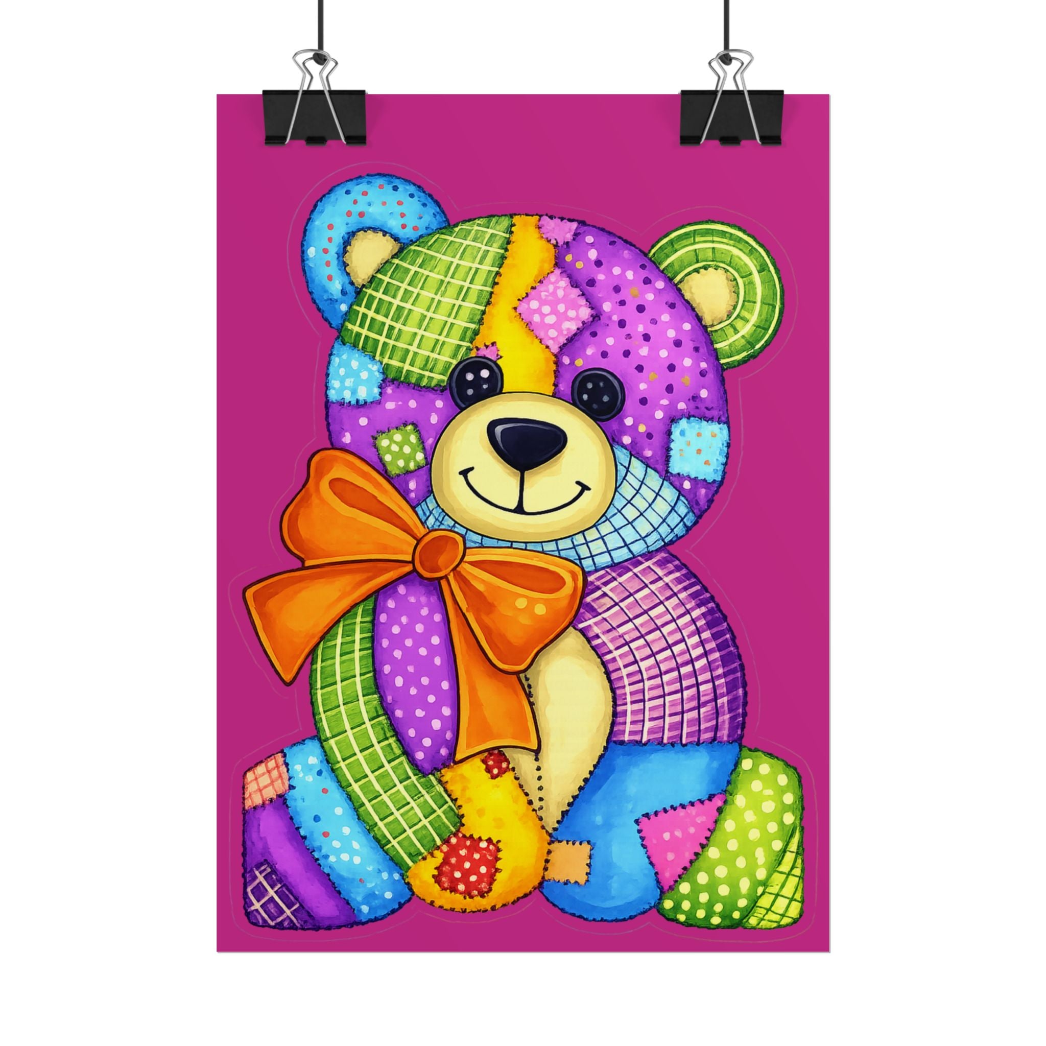 Teddy Bear Patchwork Rolled Poster – Colorful Nursery Wall Art for Kids, Baby Shower Gift