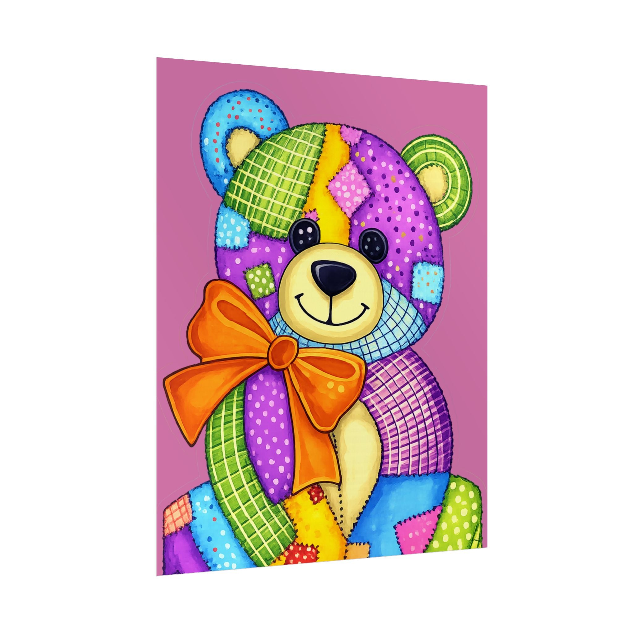 Colorful Patchwork Teddy Bear Poster — Cute Nursery Wall Art