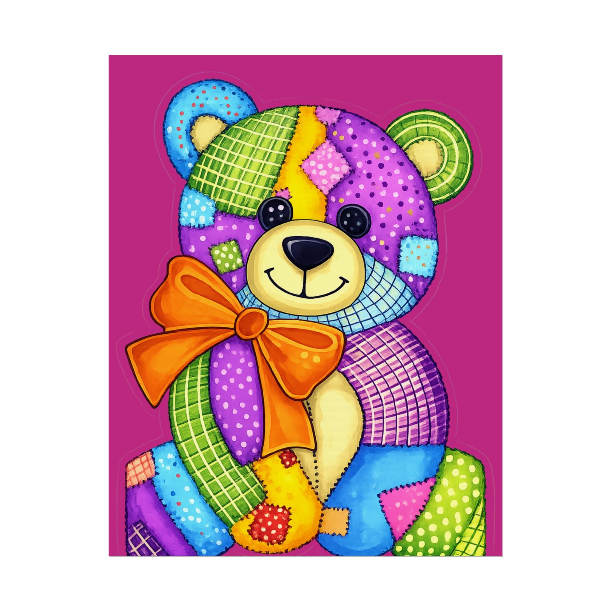 Teddy Bear Patchwork Rolled Poster – Colorful Nursery Wall Art for Kids, Baby Shower Gift