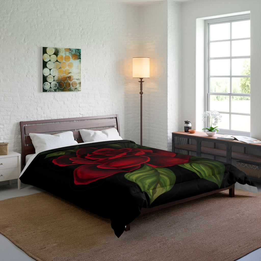 Red Rose Comforter – Bold Floral Bedding, Black & Scarlet Bedroom Decor