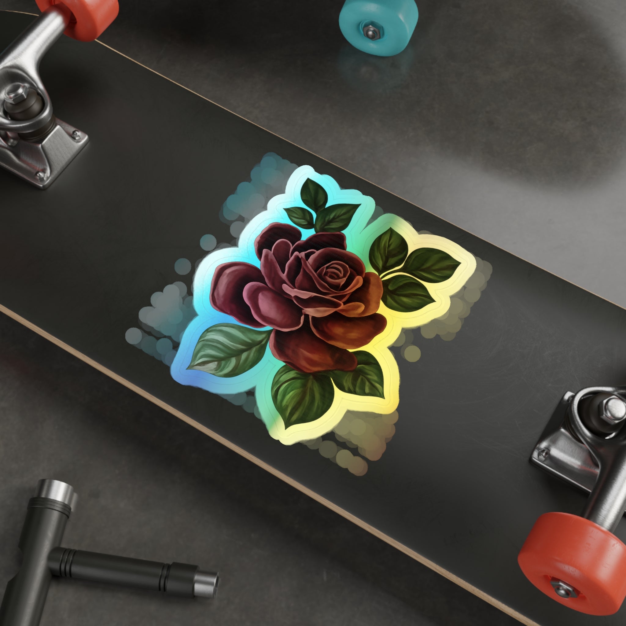 Holographic Rose Die-Cut Sticker — Iridescent Floral Skateboard Decal