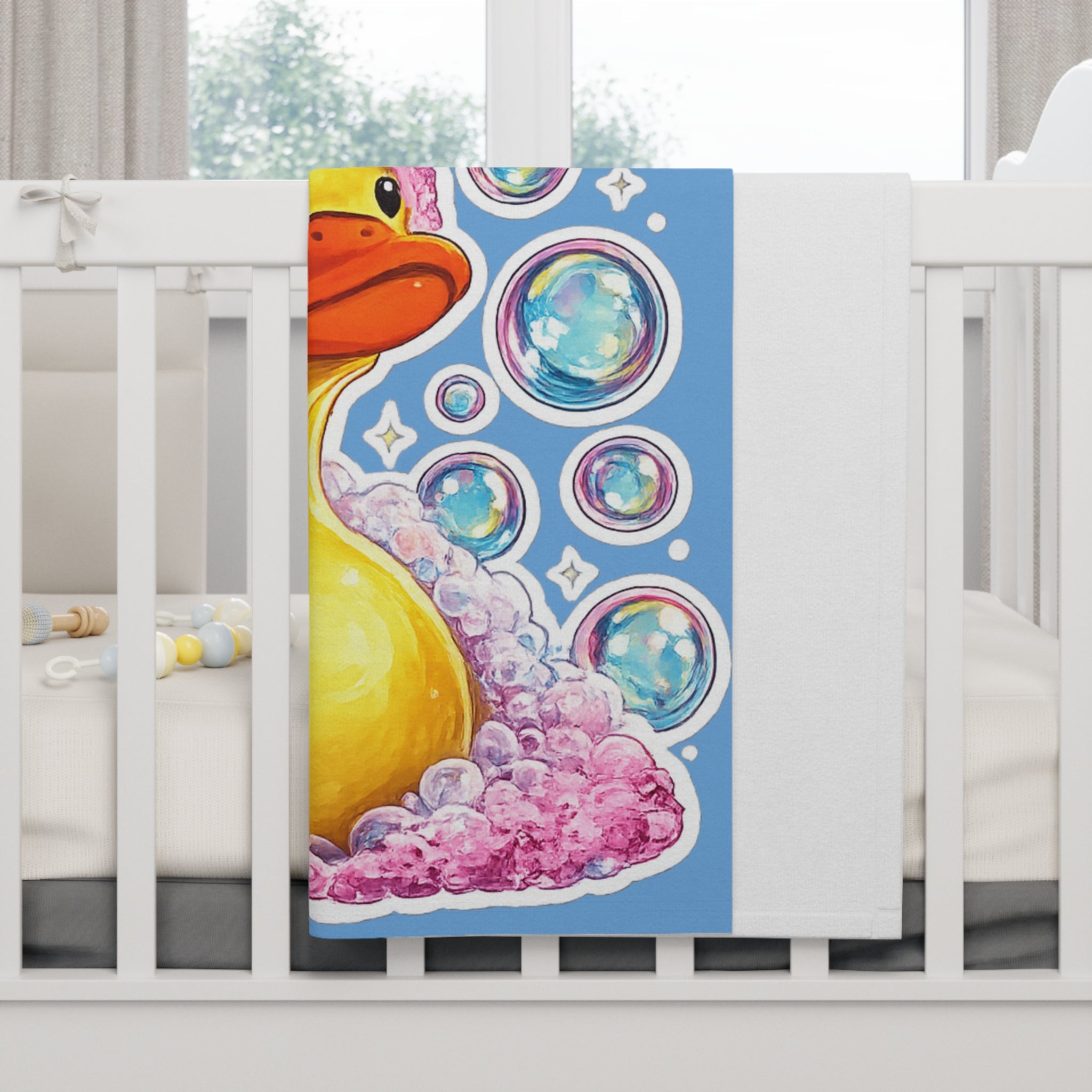 Rubber Duck Bath Time Baby Blanket — Plush Fleece with Bubbles & Pink Towel Design