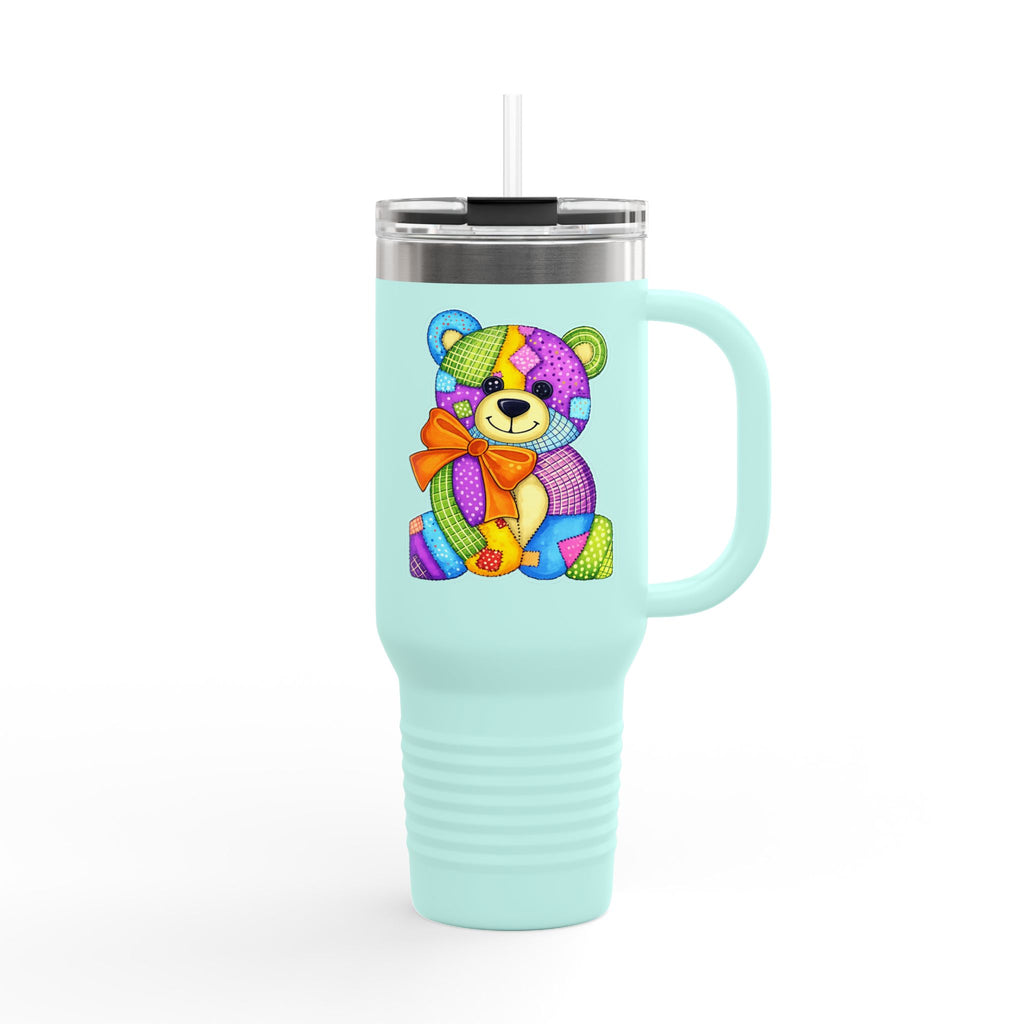 40oz Insulated Travel Mug — Colorful Patchwork Teddy Bear Design