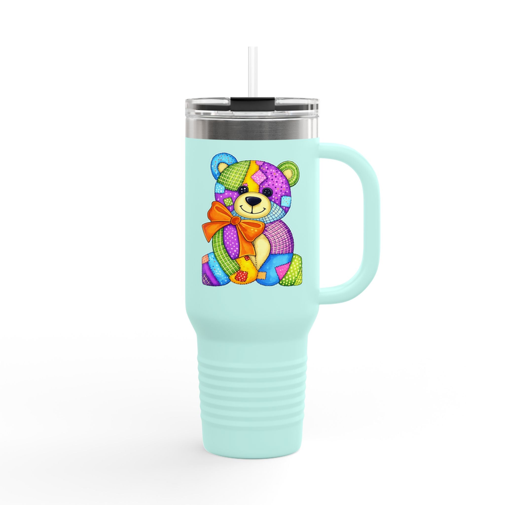 40oz Insulated Travel Mug — Colorful Patchwork Teddy Bear Design