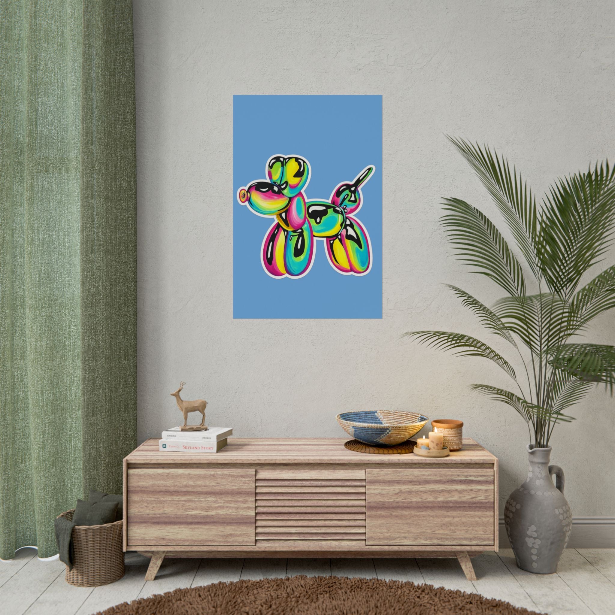 Balloon Dog Poster — Neon Art Print on Blue Background