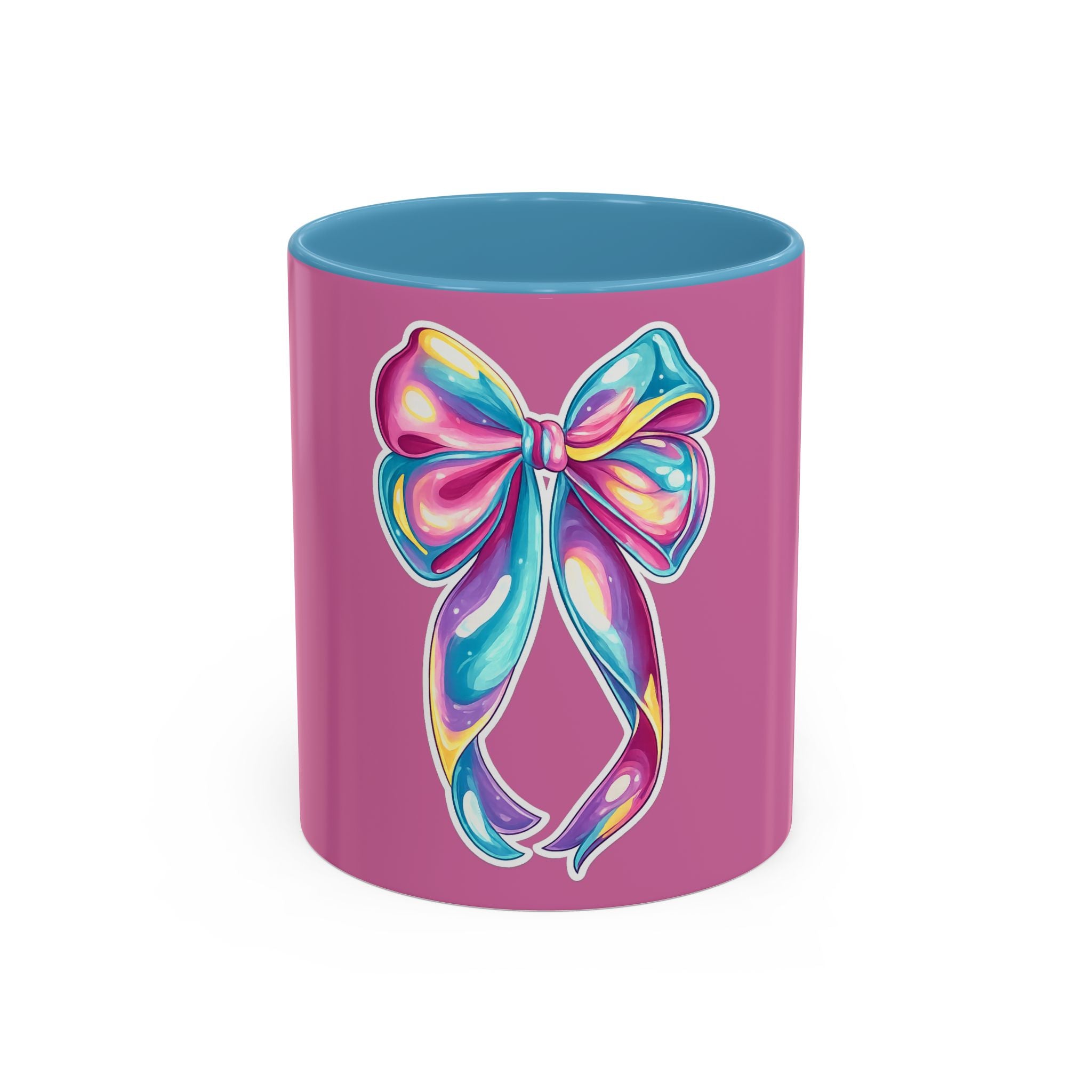 Pink Accent Coffee Mug with Rainbow Bow – Cute Gift Mug for Her